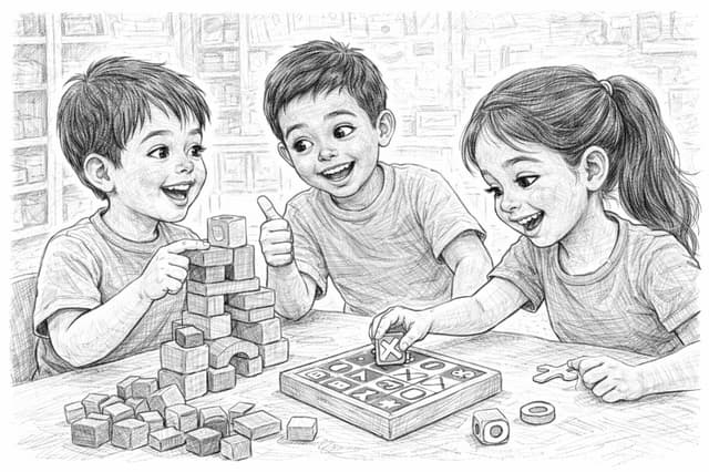 Children collaborating with blocks and learning games