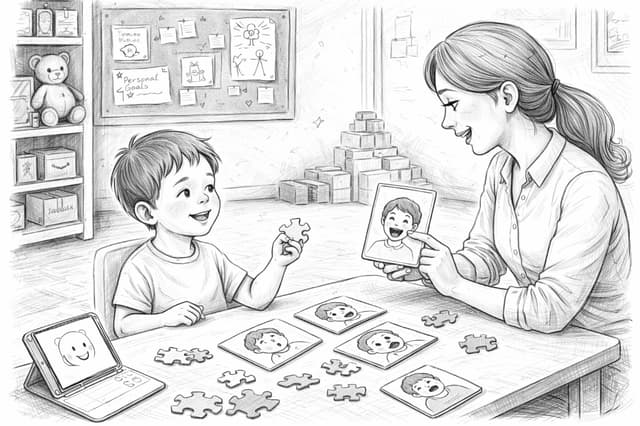 Parent and child practicing feelings together with visual supports